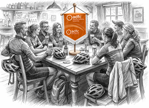 Radler sitzen in einer Kneipe um einen Tisch