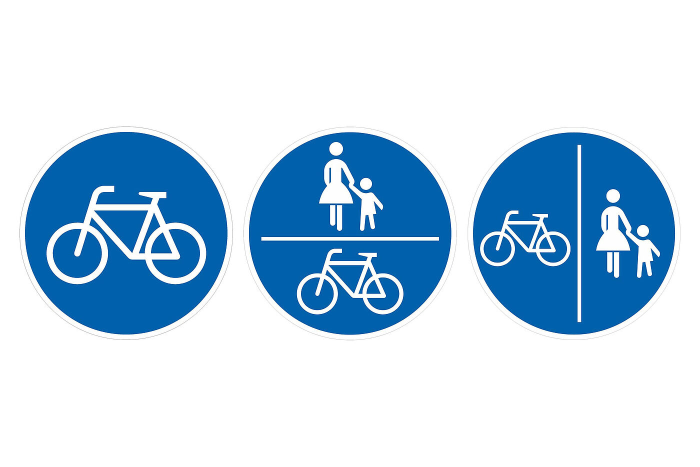 Verehrsschilder Von links: Zeichen 237 – Radweg  | Zeichen 240 – Gemeinsamer Geh- und Radweg | Zeichen 241 – Getrennter Rad- und Gehweg